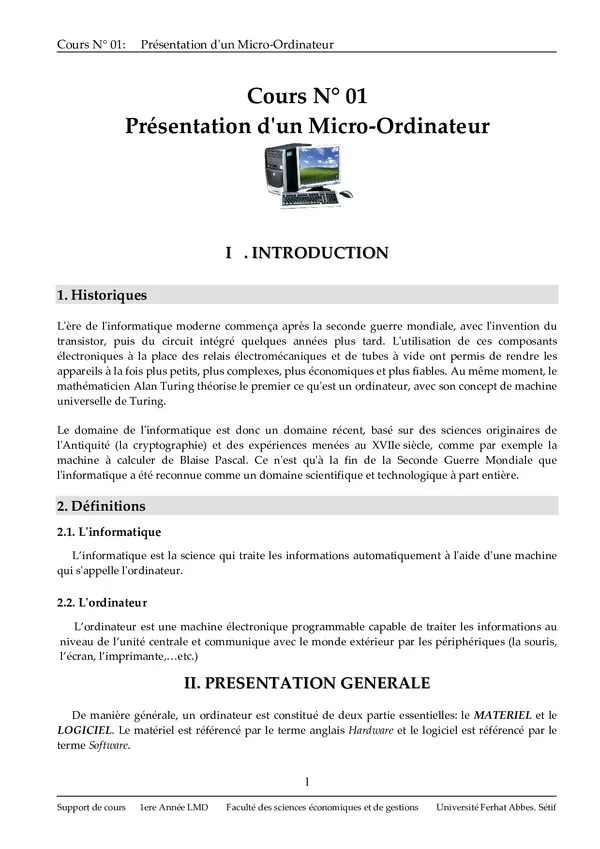 المحاضرة 01: Présentation d’un Micro-Ordinateur – Informatique