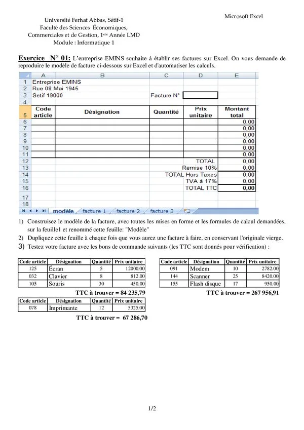 التمرينان 01 و02: Microsoft Excel – إعلام آلي 1
