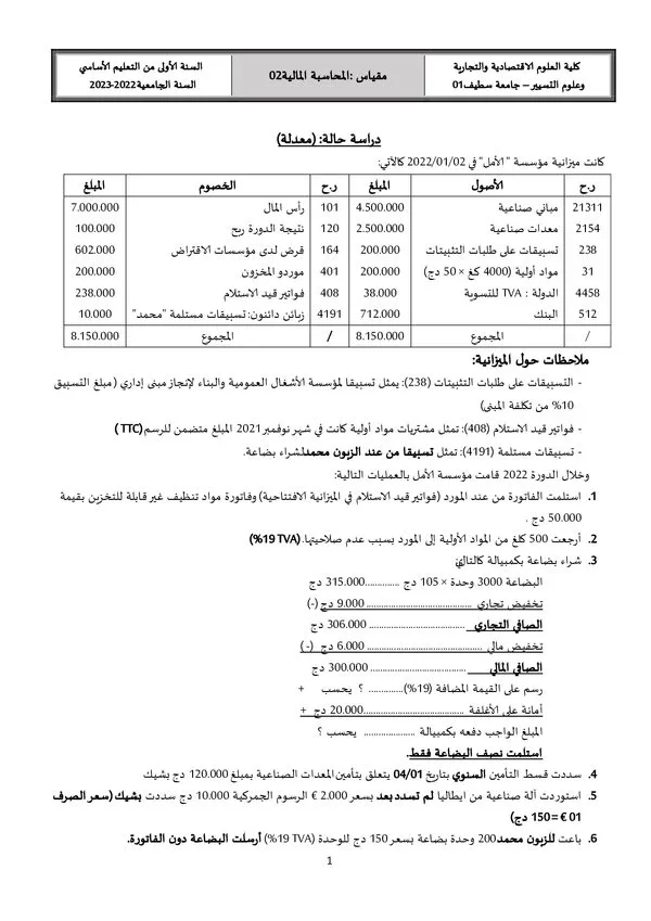 TD 02: ميزانية مؤسسة الأمل ومعاملات التسبيق والمخزون – المحاسبة المالية – Comptabilite Et Fiscalite Approfondie