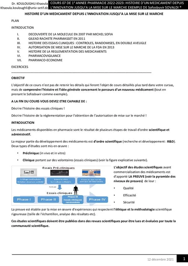 Cours 07: Histoire d’un médicament depuis l’innovation jusqu’à la mise sur le marché – Exemple Sofosbuvir Sovaldi – Pharmacologie