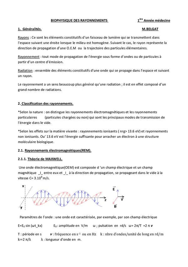 Cours : Biophysique des rayonnements – Rayonnements électromagnétiques et particulaires – 1ère année médecine