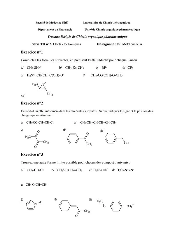 Série TD n°2 : Effets électroniques – Chimie organique pharmaceutique