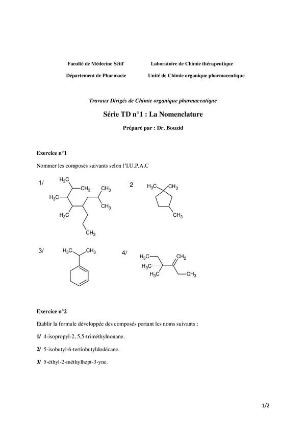 Travaux Dirigés TD n°1 : La Nomenclature – Chimie organique pharmaceutique – الكيمياء العضوية الصيدلانية