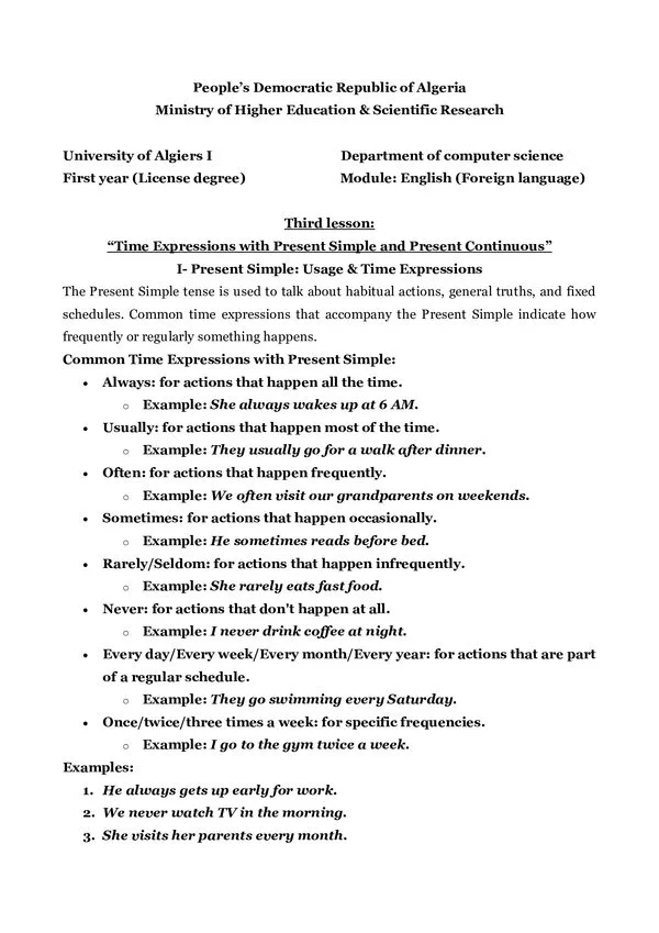 Course 3: Time Expressions with Present Simple and Present Continuous – English (Foreign language)