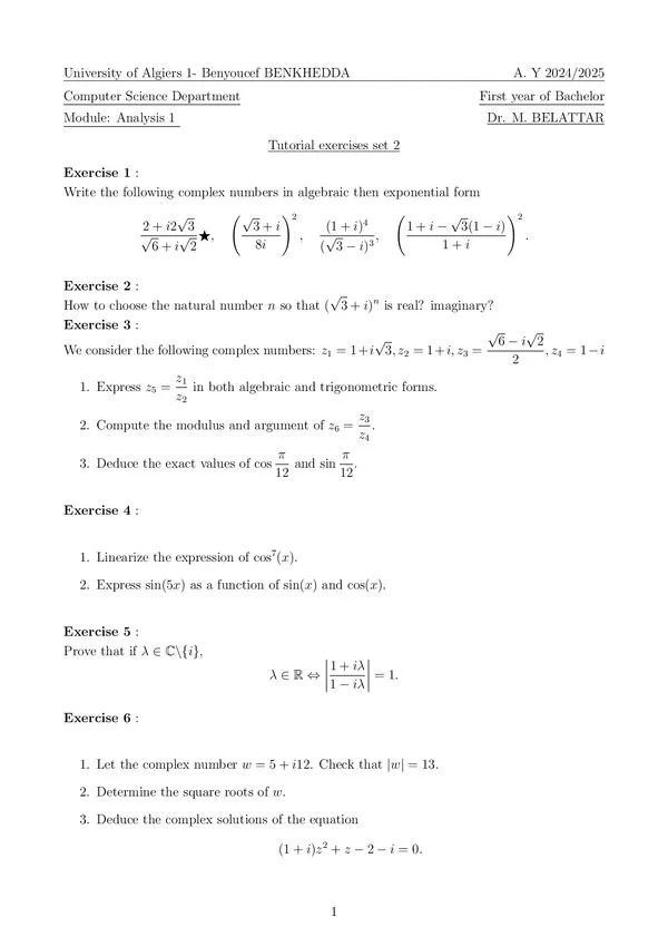 TD 2: Complex numbers and trigonometric forms – Analysis 1