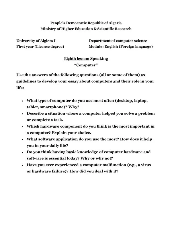 Lesson 8: Computer – English (Foreign language)