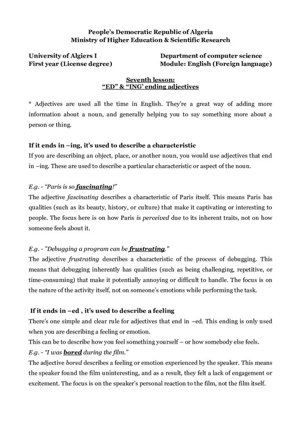 Course 7: ED and ING ending adjectives – English (Foreign language)