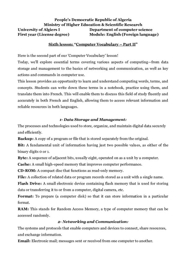 Course 6: Computer Vocabulary – Part II – English (Foreign language)