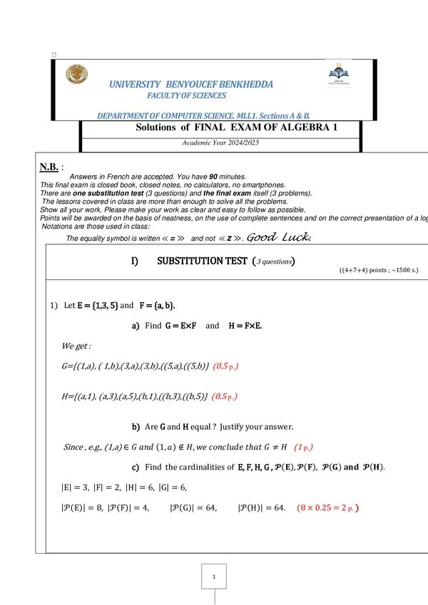 Final Exam: Algebra 1 – Computer Science MI.L1