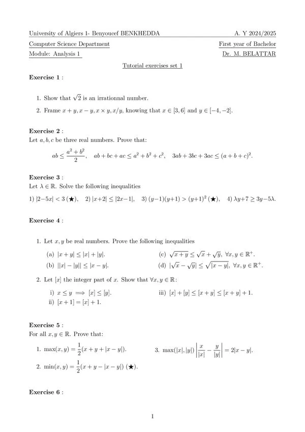 TD set 1: Inequalities and supremum/infimum – Analysis 1