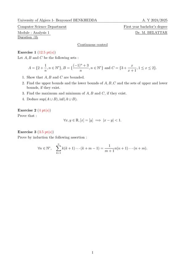 TD: Bounds and supremum/infimum of sets – Analysis 1