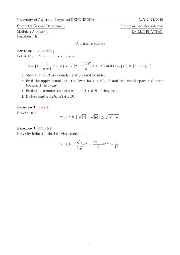 TD: bounded sets, sup/inf, absolute value inequality, induction – Analysis 1