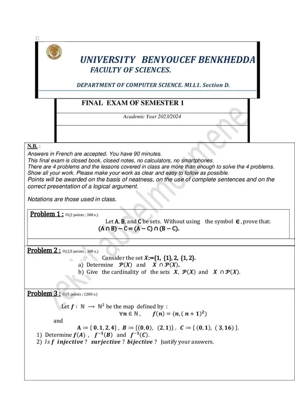 Final Exam Semester 1: Set Theory and Functions – Introduction to Computer Science