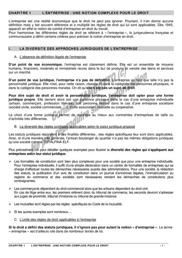 COURS Chapitre 1: L’entreprise : une notion complexe pour le droit – مقدمة في droit des affaires