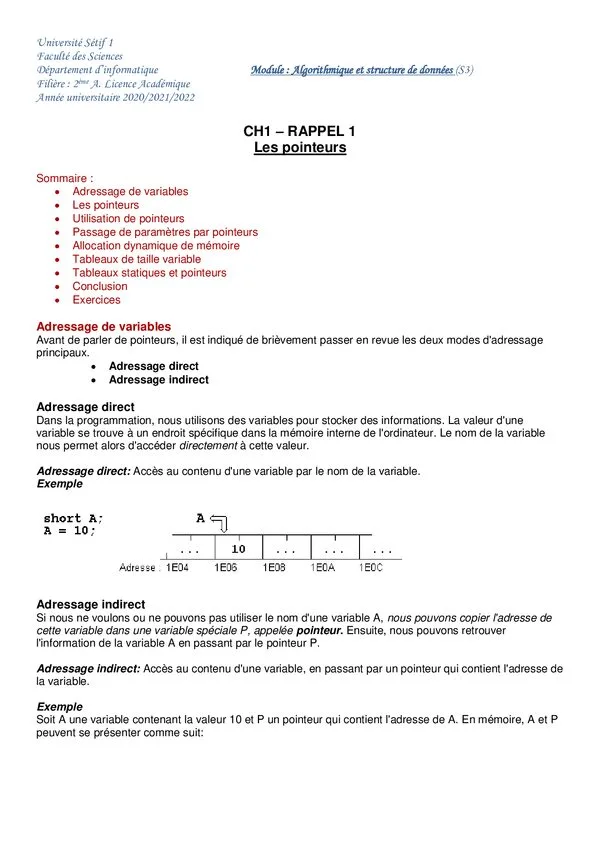 COURS CH1: Les pointeurs – Algorithmique et structure de données – Algorithmique et structure de données (S3)
