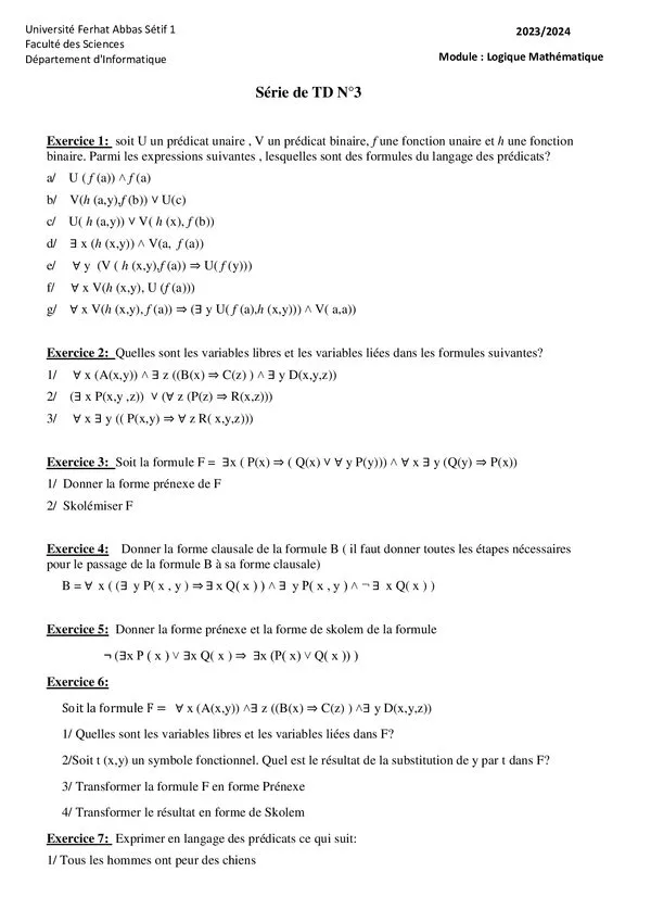 TD: الصيغ في لغة المنطق predicati وتحويلاتھا – Logique Mathématique