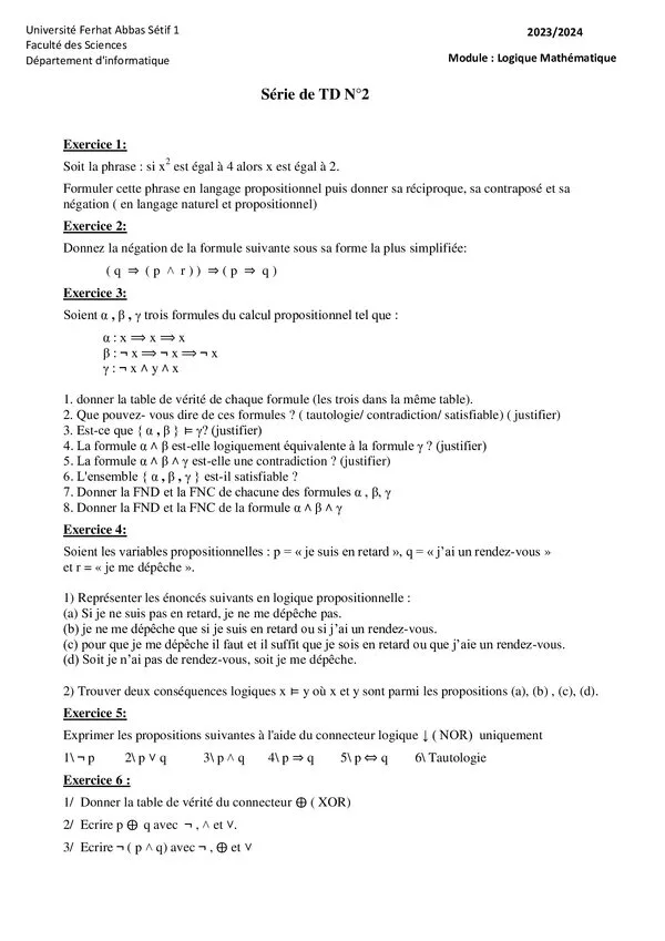 TD 2 : منطق propositionnel – Logique Mathématique