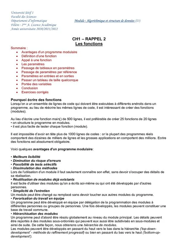 CH1 – RAPPEL 2: Les fonctions – Algorithmique et structure de données (S3)