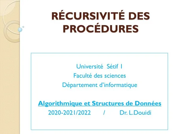 COURS: الاستدعاء الذاتي للإجراءات – Algorithmique et Structures de Données
