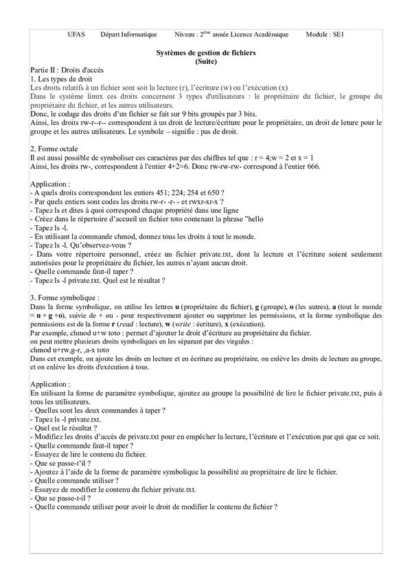 TD Partie II: Droits d’accès aux fichiers Unix/Linux – SE1
