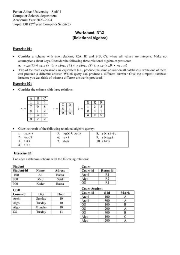 TD 2: Relational Algebra – قاعدة البيانات – قواعد البيانات