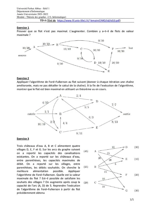 TD 4: Flot maximal et algorithme de Ford-Fulkerson – Théorie des graphes