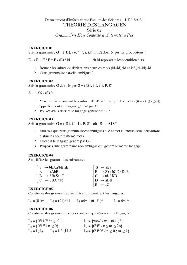 TD 02: Grammaires Hors Contexte et Automates à Pile – Théorie des Langages – نظرية اللغات