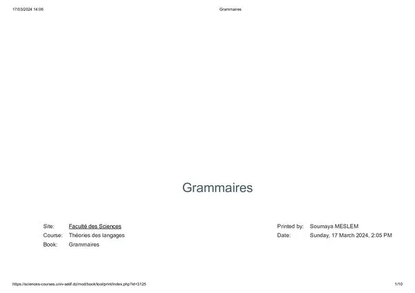 Course: Grammaires hors contexte – Théories des langages