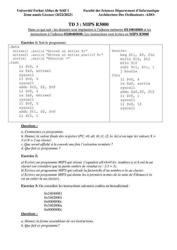 TD 3 : MIPS R3000 – Architecture des Ordinateurs – Architecture des Ordinateurs (ADO)