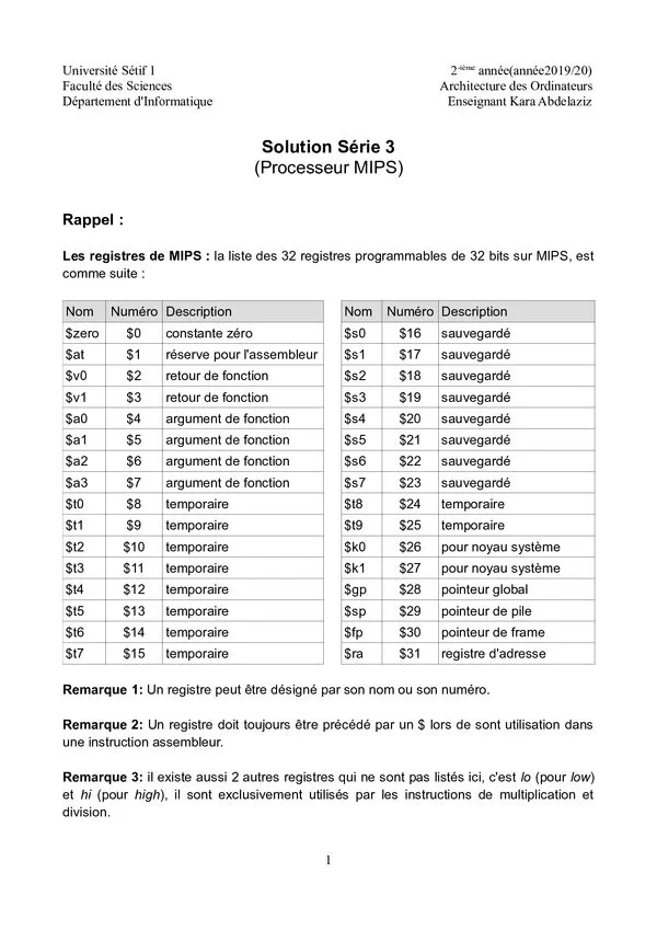 Solution Série 3 : Processeur MIPS – Architecture des Ordinateurs