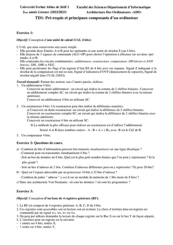 TD1: Pré-requis et principaux composants d’un ordinateur – Architecture Des Ordinateurs – Architecture Des Ordinateurs (ADO)