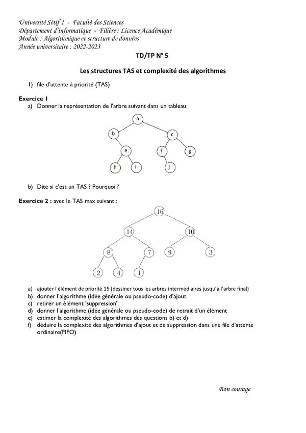 TD/TP 5 : Les structures TAS et complexité des algorithmes – Algorithmique et structure de données