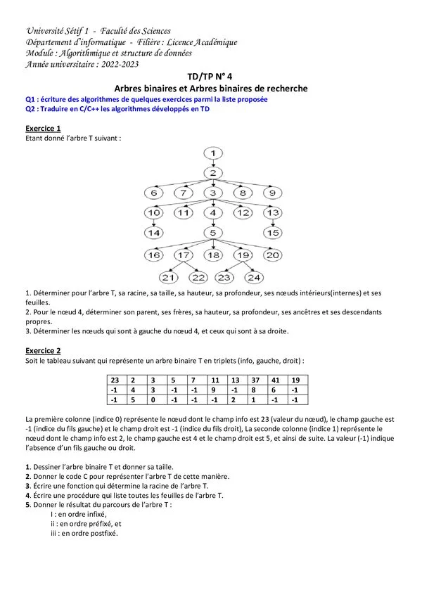 TD/TP 4 : Arbres binaires et arbres binaires de recherche – Algorithmique et structure de données