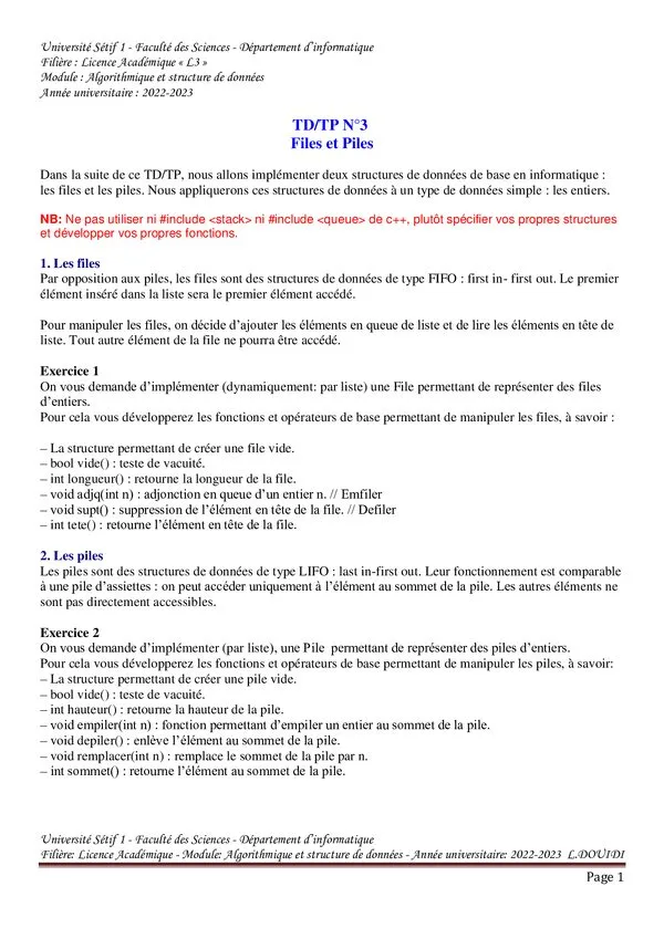 TD/TP Nº3 : Files et Piles – Algorithmique et structure de données