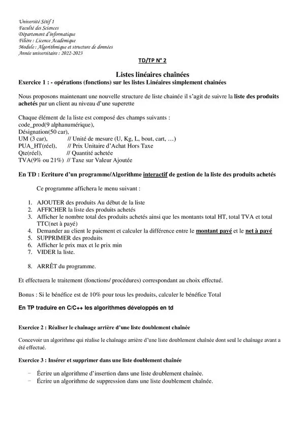 TD/TP 2 : Listes linéaires chaînées – Algorithmique et structure de données