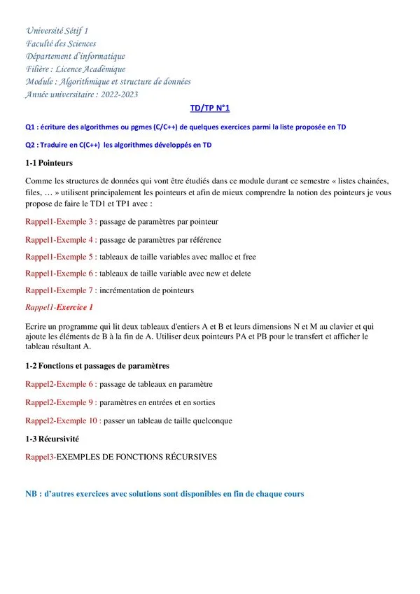 TD/TP Nº1 : Pointeurs, fonctions et récursivité – Algorithmique et structure de données