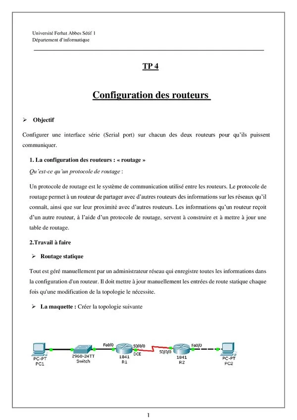 TP 4: Configuration des routeurs et routage statique – Réseaux informatiques