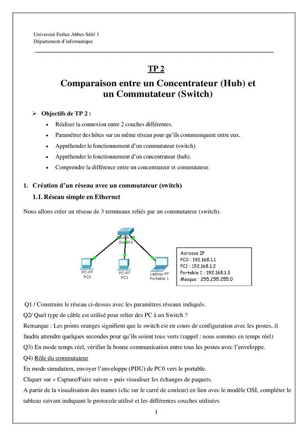 TP 2 : Comparaison entre un Concentrateur (Hub) et un Commutateur (Switch) – Réseaux informatiques