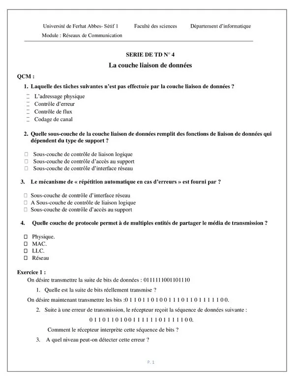 سلسلة TD 4: الطبقة liaison de données – وحدة Réseaux de Communication