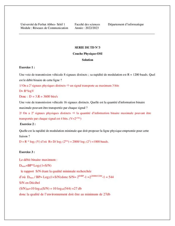 سلسلة TD محلولة: Couche Physique-OSI – Réseaux de Communication