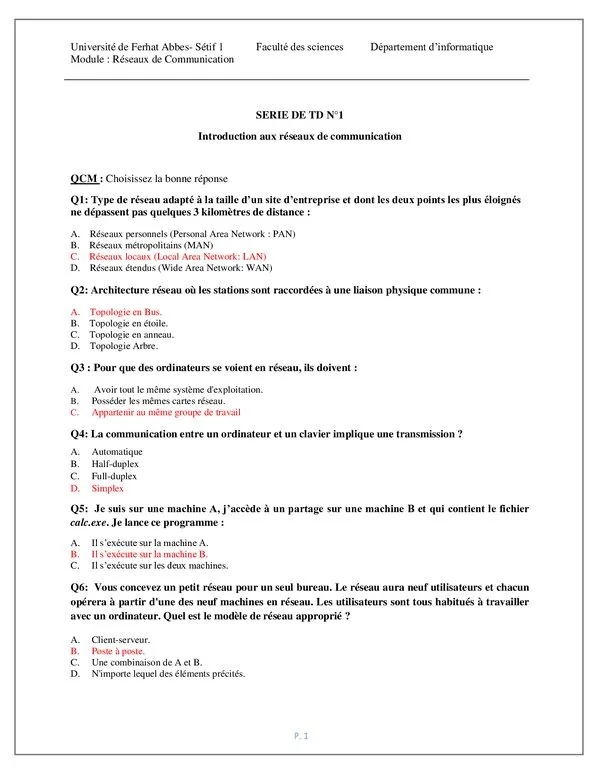 Série de TD : Introduction aux réseaux de communication – Réseaux de Communication