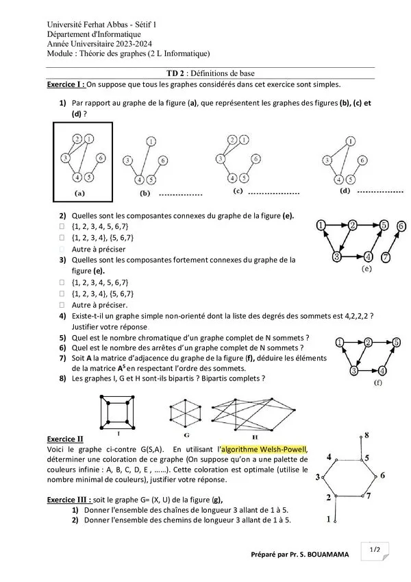 TD 2: التعريفات الأساسية – نظرية الرسوم البيانية – Théorie des graphes
