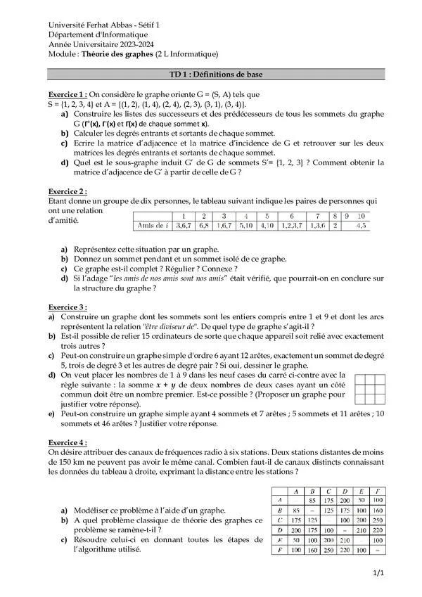 الأعمال الموجهة TD 1: التعريفات الأساسية – نظرية الرسوم البيانية – Théorie des graphes